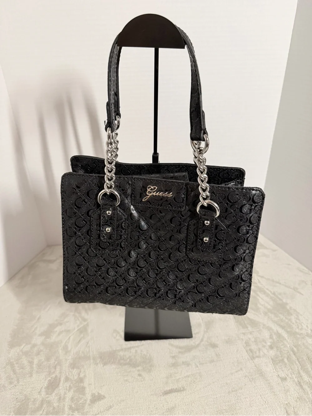 GUESS Black Signature Tote Bag with Chain Handles